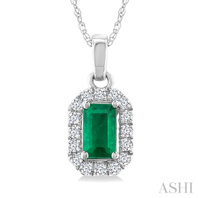 5x3 MM Octagonal Shape Emerald and 1/20 Ctw Round Cut Diamond Halo Precious Pendant with Chain in 10K White Gold
