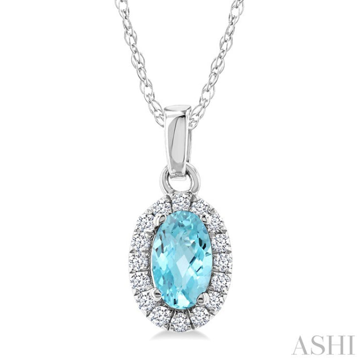 5x3 MM Oval Shape Aquamarine and 1/20 Ctw Round Cut Diamond Halo Semi-Precious Pendant with Chain in 10K White Gold