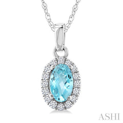 5x3 MM Oval Shape Aquamarine and 1/20 Ctw Round Cut Diamond Halo Semi-Precious Pendant with Chain in 10K White Gold