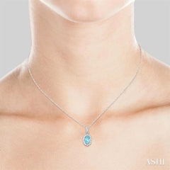 5x3 MM Oval Shape Aquamarine and 1/20 Ctw Round Cut Diamond Halo Semi-Precious Pendant with Chain in 10K White Gold