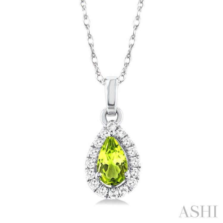 5x3 MM Pear Shape Peridot and 1/20 Ctw Single Cut Diamond Halo Semi-Precious Pendant with Chain in 10K White Gold