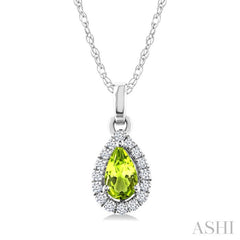 5x3 MM Pear Shape Peridot and 1/20 Ctw Round Cut Diamond Halo Semi-Precious Pendant with Chain in 10K White Gold