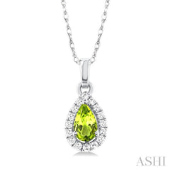 5x3 MM Pear Shape Peridot and 1/20 Ctw Single Cut Diamond Halo Semi-Precious Pendant with Chain in 10K White Gold