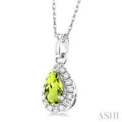 5x3 MM Pear Shape Peridot and 1/20 Ctw Single Cut Diamond Halo Semi-Precious Pendant with Chain in 10K White Gold