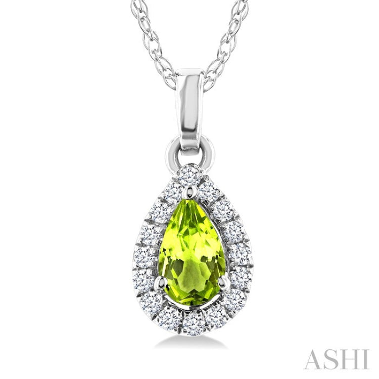 5x3 MM Pear Shape Peridot and 1/20 Ctw Round Cut Diamond Halo Semi-Precious Pendant with Chain in 10K White Gold