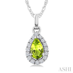 5x3 MM Pear Shape Peridot and 1/20 Ctw Round Cut Diamond Halo Semi-Precious Pendant with Chain in 10K White Gold