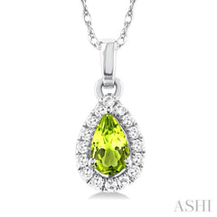 5x3 MM Pear Shape Peridot and 1/20 Ctw Single Cut Diamond Halo Semi-Precious Pendant with Chain in 10K White Gold