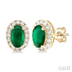 5x3 MM Oval Shape Emerald and 1/8 Ctw Single Cut Diamond Halo Precious Stud Earrings in 10K Yellow Gold