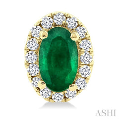 5x3 MM Oval Shape Emerald and 1/8 Ctw Round Cut Diamond Halo Precious Stud Earrings in 10K Yellow Gold