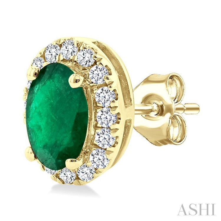 5x3 MM Oval Shape Emerald and 1/8 Ctw Round Cut Diamond Halo Precious Stud Earrings in 10K Yellow Gold