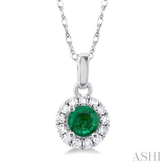 3.25 MM Round Emerald and 1/20 Ctw Single Cut Diamond Halo Precious Pendant with Chain in 10K White Gold