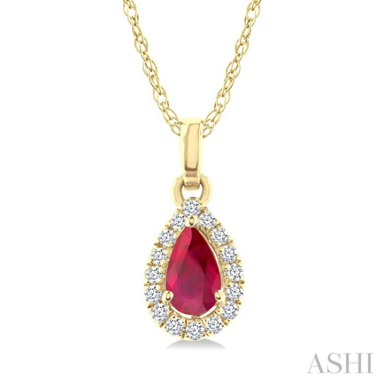 5x3 MM Pear Shape Ruby and 1/20 Ctw Round Cut Diamond Halo Precious Pendant with Chain in 14K Yellow Gold