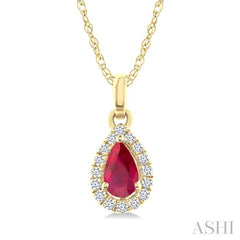 5x3 MM Pear Shape Ruby and 1/20 Ctw Round Cut Diamond Halo Precious Pendant with Chain in 14K Yellow Gold