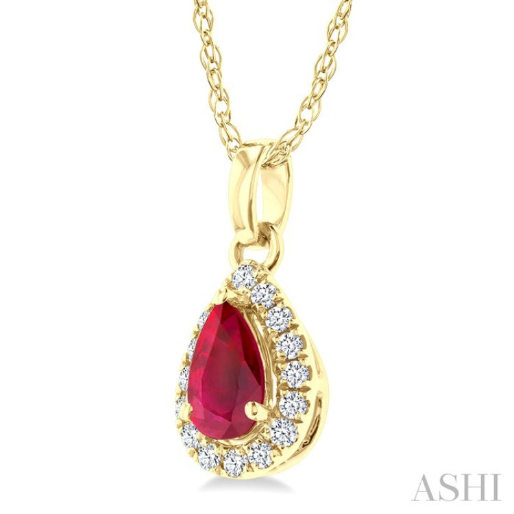 5x3 MM Pear Shape Ruby and 1/20 Ctw Round Cut Diamond Halo Precious Pendant with Chain in 14K Yellow Gold