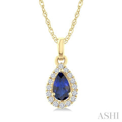 5x3 MM Pear Shape Sapphire and 1/20 Ctw Round Cut Diamond Halo Precious Pendant with Chain in 10K Yellow Gold