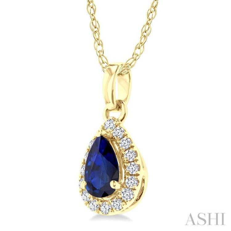 5x3 MM Pear Shape Sapphire and 1/20 Ctw Round Cut Diamond Halo Precious Pendant with Chain in 10K Yellow Gold