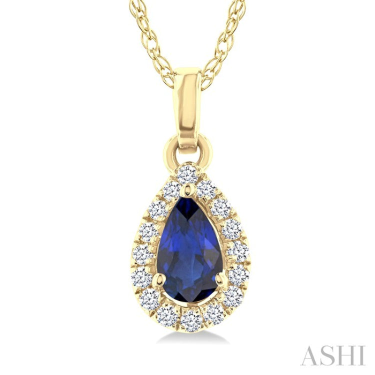 5x3 MM Pear Shape Sapphire and 1/20 Ctw Round Cut Diamond Halo Precious Pendant with Chain in 10K Yellow Gold