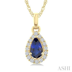 5x3 MM Pear Shape Sapphire and 1/20 Ctw Round Cut Diamond Halo Precious Pendant with Chain in 10K Yellow Gold