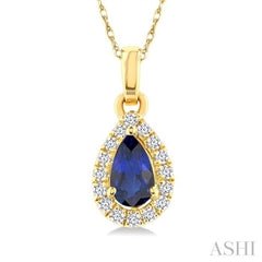 5x3 MM Pear Shape Sapphire and 1/20 Ctw Single Cut Diamond Halo Precious Pendant with Chain in 10K Yellow Gold