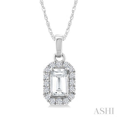 5x3 MM Octagonal Shape White Topaz and 1/20 Ctw Round Cut Diamond Halo Semi-Precious Pendant with Chain in 10K White Gold