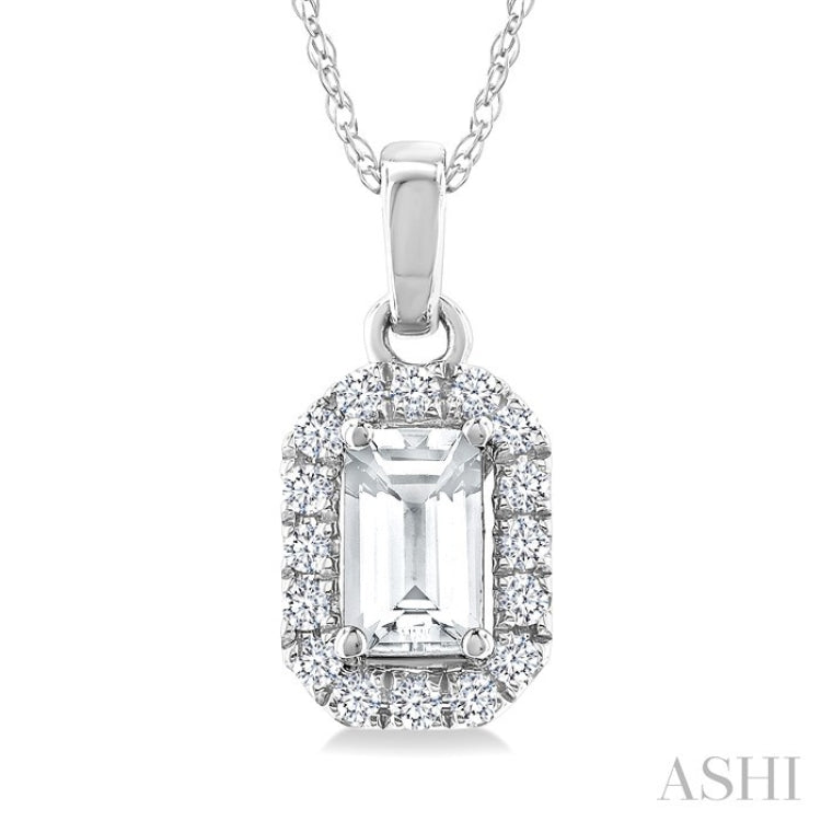 5x3 MM Octagonal Shape White Topaz and 1/20 Ctw Round Cut Diamond Halo Semi-Precious Pendant with Chain in 10K White Gold