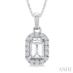 5x3 MM Octagonal Shape White Topaz and 1/20 Ctw Round Cut Diamond Halo Semi-Precious Pendant with Chain in 10K White Gold