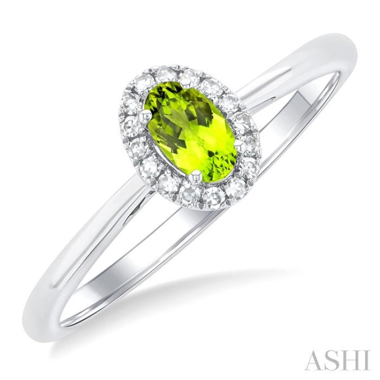 5x3 MM Oval Shape Peridot and 1/20 Ctw Single Cut Diamond Halo Semi-Precious Ring in 14K White Gold