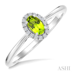 5x3 MM Oval Shape Peridot and 1/20 Ctw Round Cut Diamond Halo Semi-Precious Ring in 14K White Gold