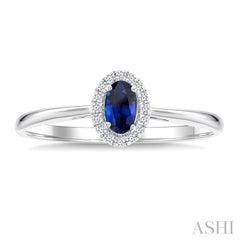 5x3 MM Oval Shape Sapphire and 1/20 Ctw Round Cut Diamond Halo Precious Ring in 14K White Gold