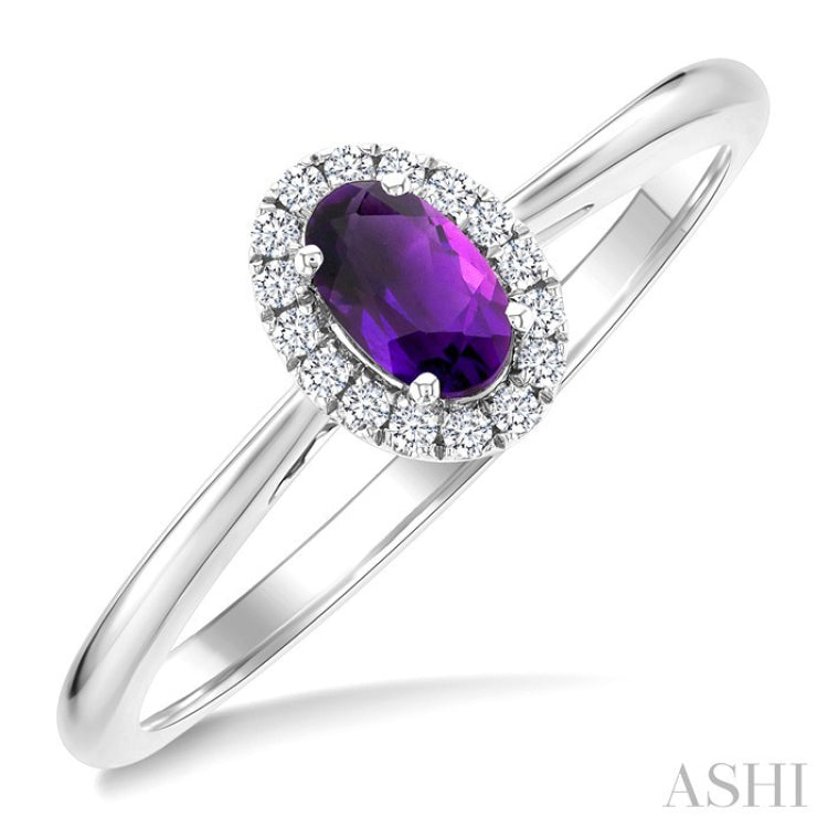 5x3 MM Oval Shape Amethyst and 1/20 Ctw Round Cut Diamond Halo Semi-Precious Ring in 10K White Gold