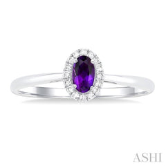 5x3 MM Oval Shape Amethyst and 1/20 Ctw Single Cut Diamond Halo Semi-Precious Ring in 10K White Gold