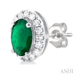 5x3 MM Oval Shape Emerald and 1/8 Ctw Single Cut Diamond Halo Precious Stud Earrings in 14K White Gold