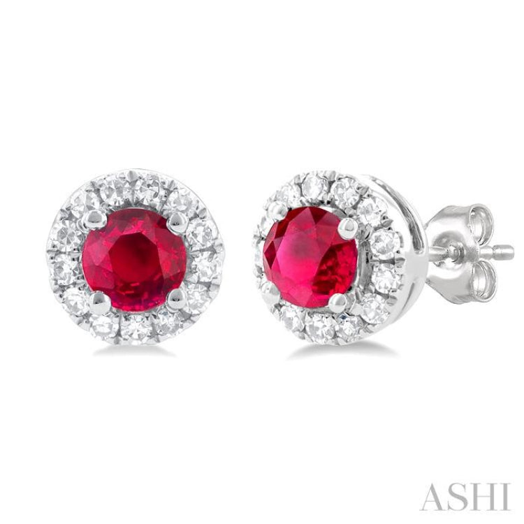 3.25 MM Round Ruby and 1/10 Ctw Single Cut Diamond Halo Precious Stud Earrings in 10K White Gold