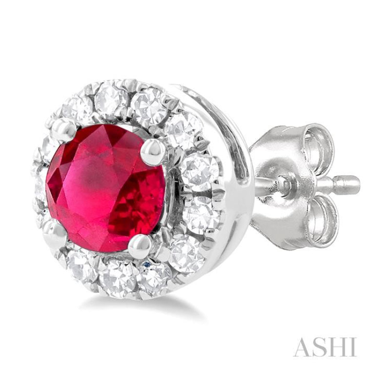 3.25 MM Round Ruby and 1/10 Ctw Single Cut Diamond Halo Precious Stud Earrings in 10K White Gold