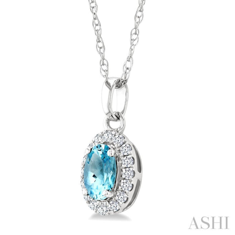 5x3 MM Oval Shape Aquamarine and 1/20 Ctw Round Cut Diamond Halo Semi-Precious Pendant with Chain in 14K White Gold