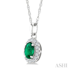 5x3 MM Oval Shape Emerald and 1/20 Ctw Round Cut Diamond Halo Precious Pendant with Chain in 14K White Gold