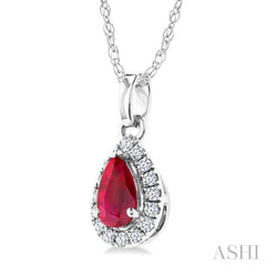 5x3 MM Pear Shape Ruby and 1/20 Ctw Round Cut Diamond Halo Precious Pendant with Chain in 10K White Gold