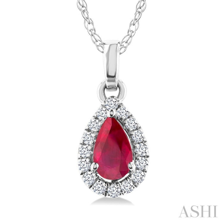 5x3 MM Pear Shape Ruby and 1/20 Ctw Round Cut Diamond Halo Precious Pendant with Chain in 10K White Gold