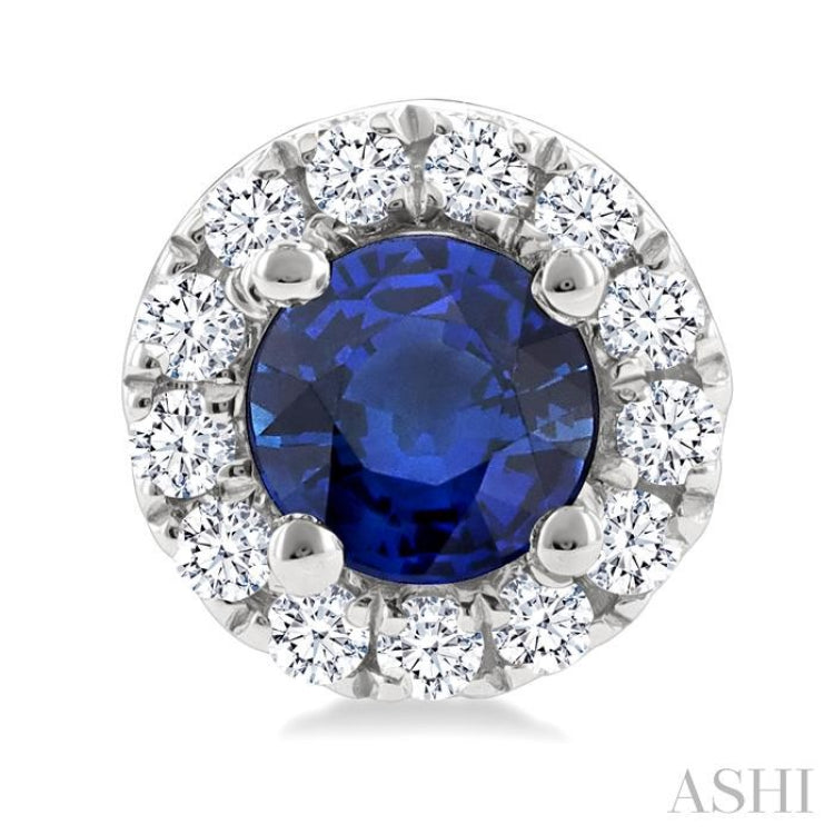 3.25 MM Round Sapphire and 1/10 Ctw Round Cut Diamond Halo Precious Stud Earrings in 10K White Gold