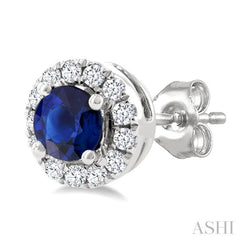 3.25 MM Round Sapphire and 1/10 Ctw Round Cut Diamond Halo Precious Stud Earrings in 10K White Gold