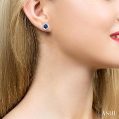 3.25 MM Round Sapphire and 1/10 Ctw Round Cut Diamond Halo Precious Stud Earrings in 10K White Gold