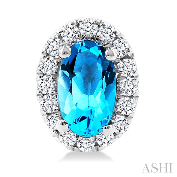 5x3 MM Oval Shape Blue Topaz and 1/8 Ctw Round Cut Diamond Halo Semi-Precious Stud Earrings in 14K White Gold