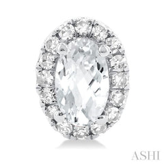 5x3 MM Oval Shape White Topaz and 1/8 Ctw Single Cut Diamond Halo Semi-Precious Stud Earrings in 14K White Gold