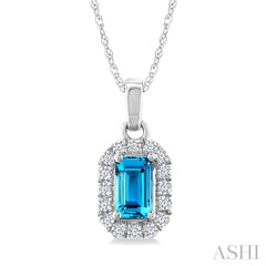 5x3 MM Octagonal Shape Blue Topaz and 1/20 Ctw Round Cut Diamond Halo Semi-Precious Pendant with Chain in 10K White Gold