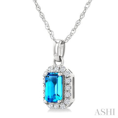 5x3 MM Octagonal Shape Blue Topaz and 1/20 Ctw Round Cut Diamond Halo Semi-Precious Pendant with Chain in 10K White Gold