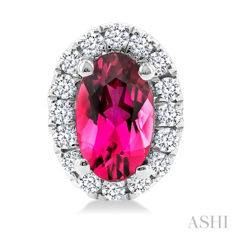 5x3 MM Oval Shape Pink Tourmaline and 1/8 Ctw Round Cut Diamond Halo Semi-Precious Stud Earrings in 10K White Gold