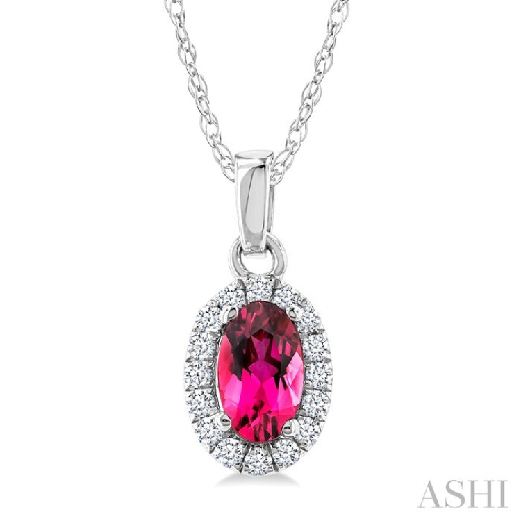 5x3 MM Oval Shape Pink Tourmaline and 1/20 Ctw Round Cut Diamond Halo Semi-Precious Pendant with Chain in 14K White Gold