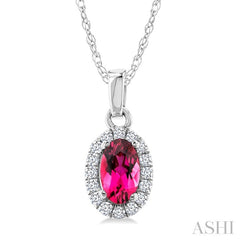5x3 MM Oval Shape Pink Tourmaline and 1/20 Ctw Round Cut Diamond Halo Semi-Precious Pendant with Chain in 14K White Gold