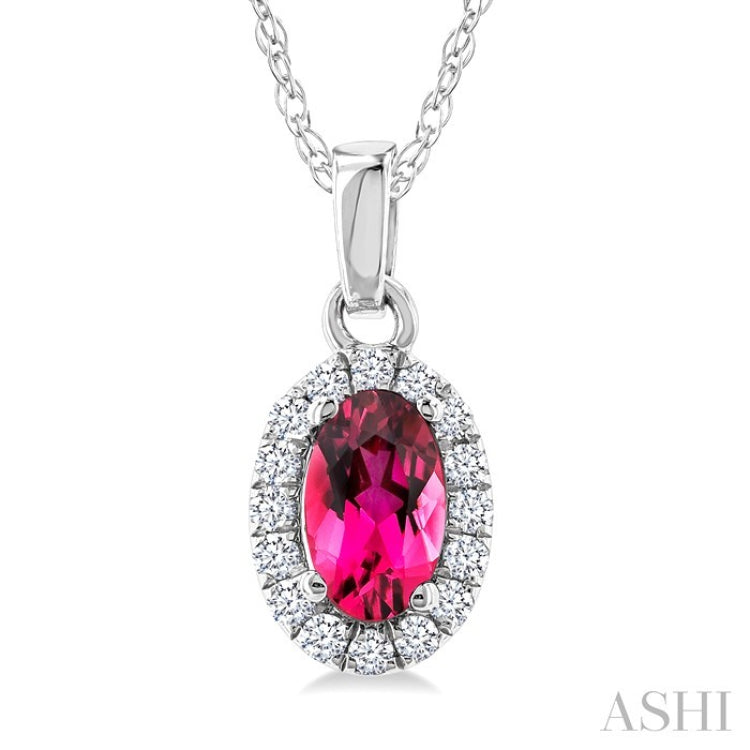 5x3 MM Oval Shape Pink Tourmaline and 1/20 Ctw Round Cut Diamond Halo Semi-Precious Pendant with Chain in 14K White Gold