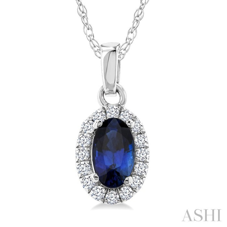 5x3 MM Oval Shape Sapphire and 1/20 Ctw Round Cut Diamond Halo Precious Pendant with Chain in 10K White Gold
